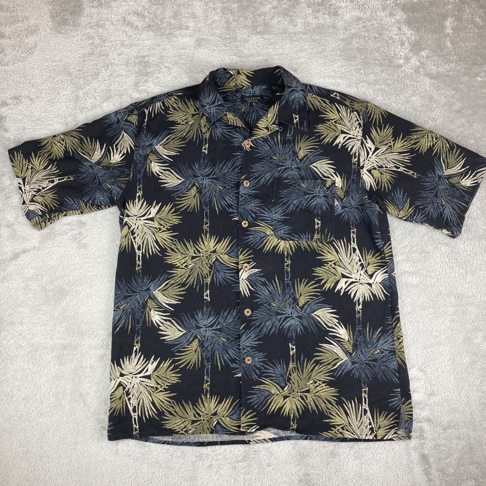 Cellinni Silk Hawaiian Shirt Medium Black Palm Button Up‎ Short Sleeve Resort